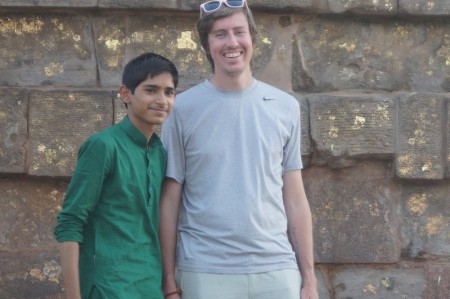 Me in front of the stupa with a random teenager ("can I take one picture?"). Note the gold foil pressed into the bricks behind us.