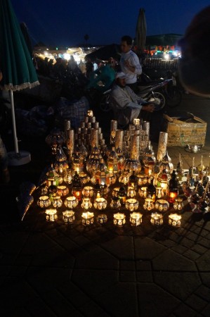 Lantern/Candlestick vendor in the Marrakesh medina, at night.