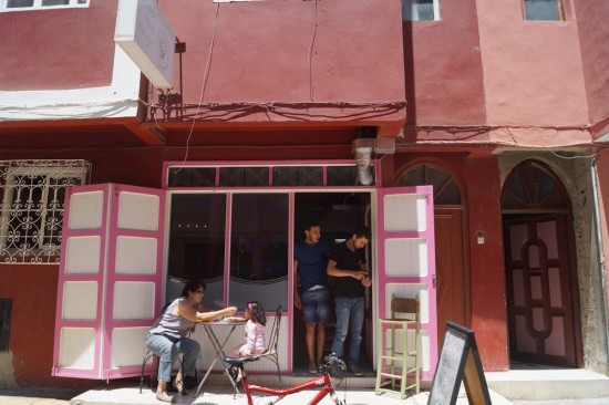The unassuming exterior of the couscous restaurant.