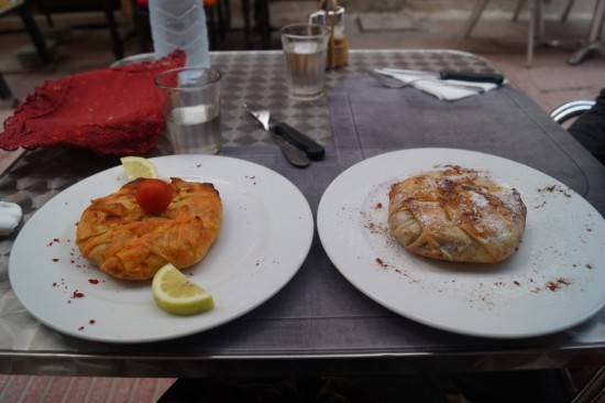 Danielle's fish pastilla on the left, my pigeon on the right. So simple, and so good!