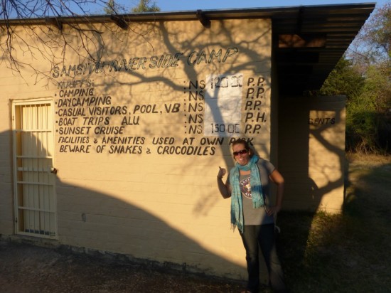 Danielle super thrilled about the prospect of hippos and crocodiles at our campsite across the river from Angola.