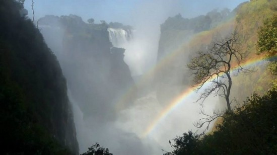 Double rainbow visible in the mist, looking westward through the gorge from the Zimbabwe side.