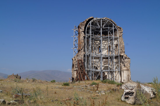 The Church of the Redeemer in Ani, covered in scaffolding.
