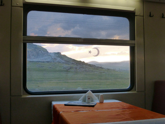 View of the countryside out the dining car window